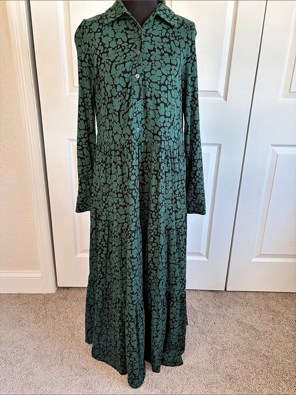Boden Green Black Tiered Button Front Cotton Blend Maxi Dress 6 Modest Pockets